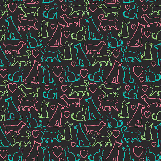 wektor bez szwu wzór z kotów i psów na tablica - multi colored heart shape backgrounds repetition stock illustrations