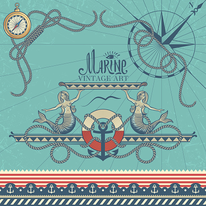 Retro decorative elements on the marine theme. Corners, sign, place for text and border with anchors.