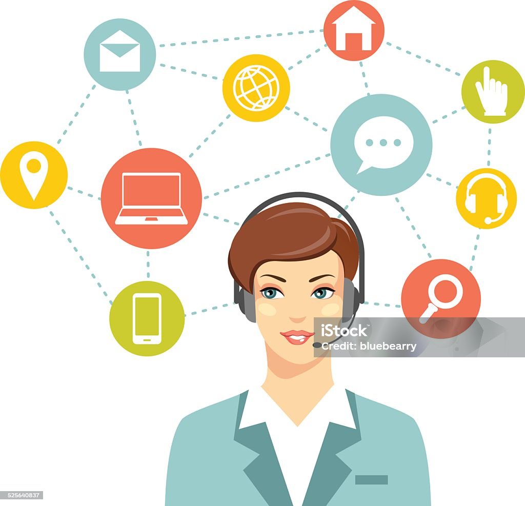 Call center online customer support woman operator concept Beautiful woman in call center and networking flat icons Adult stock vector