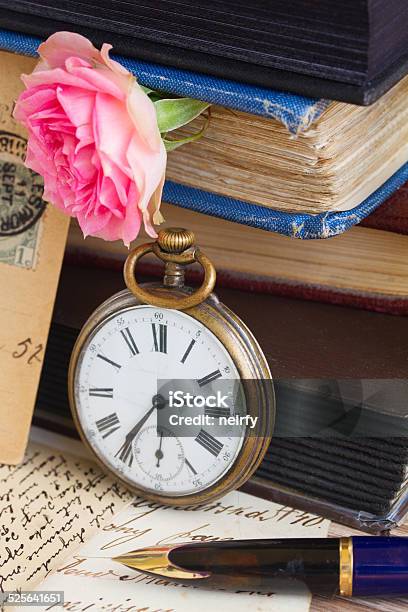 Antique Clock On Old Books And Letters Background Stock Photo - Download Image Now - Book, Clock, Collection
