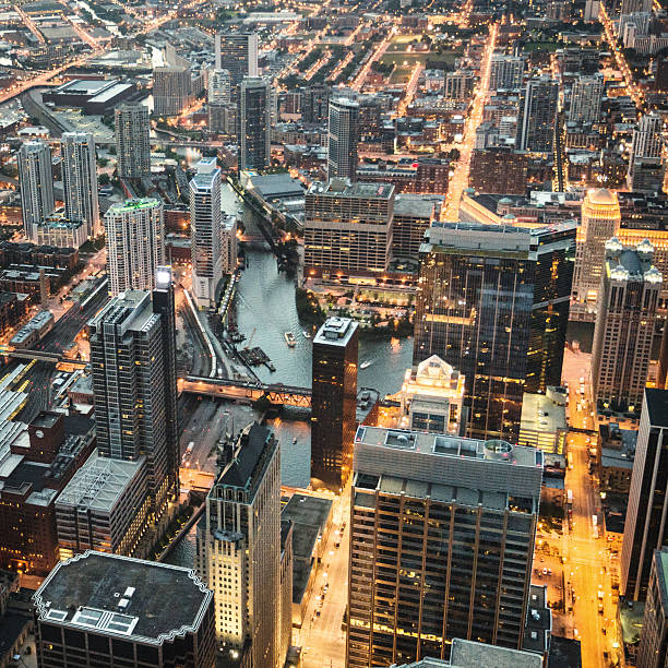 istock Chicago night downtown aerial view 525650111