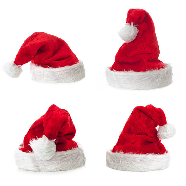 quatre santa claus chapeau sur fond blanc - santa hat christmas hat headwear photos et images de collection