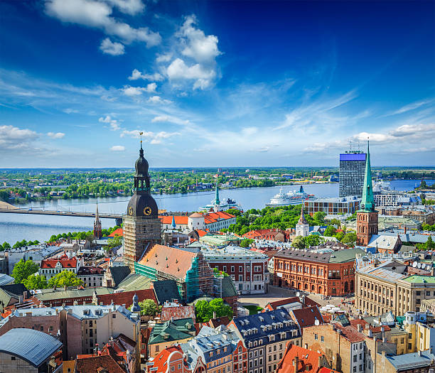 Aerial view of Riga center from St. Peter's Church, Latvia stock photo