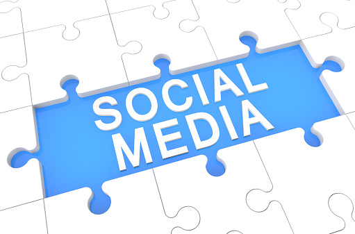 Social Media - puzzle 3d render illustration with word on blue background