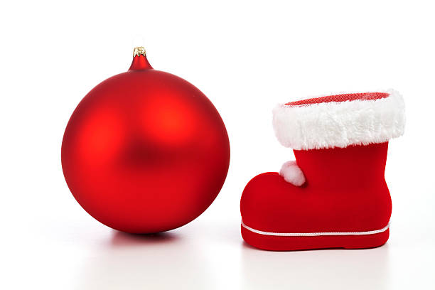 istock Red christmas sphere and boot on white background 525674139
