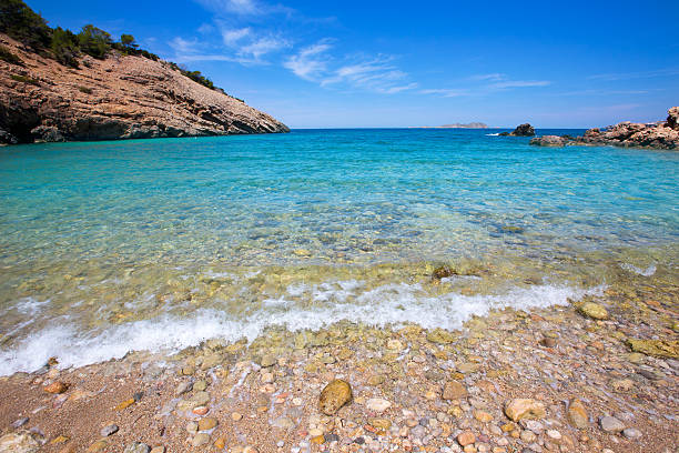 Ibiza Cala Moli beach with clear water in Balearics Ibiza Cala Moli beach with clear water in Balearic Islands San Jose balearics stock pictures, royalty-free photos & images