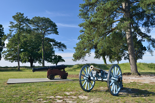 Cannons at Yorktown Battlefield, Virginia, USA. Yorktown Battlefield is the site of the final major battles during the American Revolution and symbolic end of the colonial period in US history.