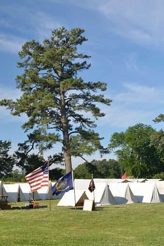 Tents at Yorktown Battlefield, Virginia, USA. Yorktown Battlefield is the site of the final major battles during the American Revolution and symbolic end of the colonial period in US history.