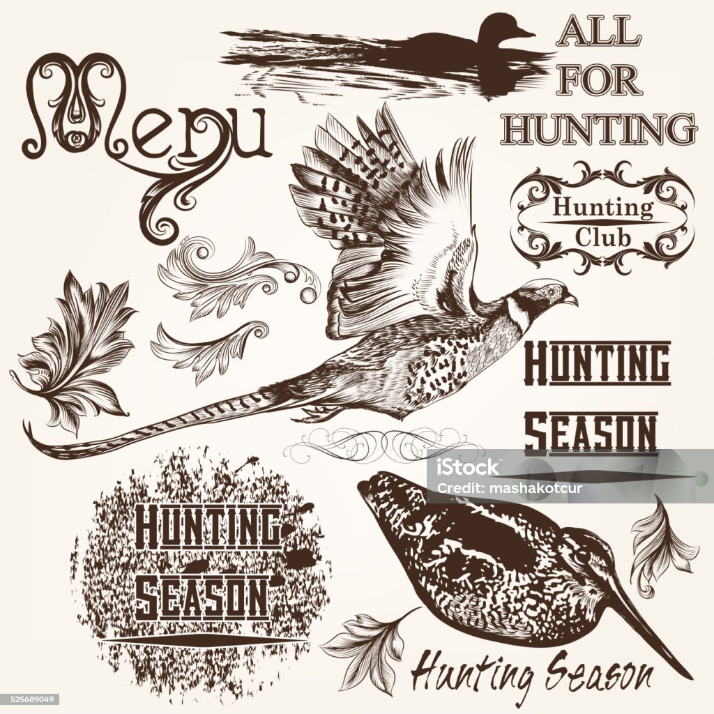 Collection de main animaux dessinés vecteur de design de la saison de la chasse - clipart vectoriel de Faisan - Gibier à plume libre de droits