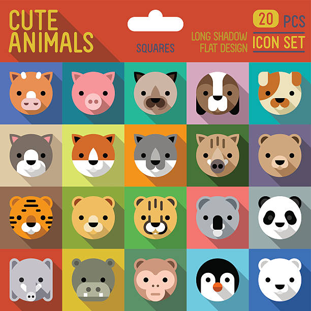 Cute animals square icon set. Vector trendy illustrations. Cute animals flat long shadow square icon set. Vector trendy illustrations. cute cheetah print cartoon stock illustrations