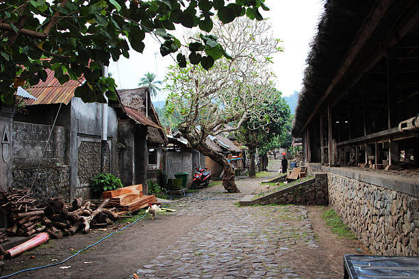 Tenganan, Indonesia - August 23, 2014: Visitors wandering around the Tenganan Village, once one of the most secluded societies in Indonesia, it is now a tourist attraction due to its culture, architecture, and crafts. A visit is a step back in time.
