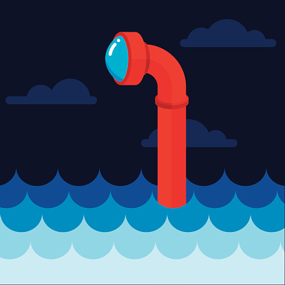 Vector illustration of a periscope raised above ocean waves in flat style.