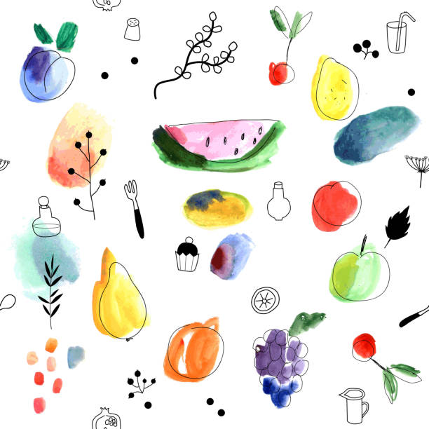 illustrations, cliparts, dessins animés et icônes de motif sans couture avec des fruits et des baies. aquarelle art. - fruit drawing watermelon pencil drawing