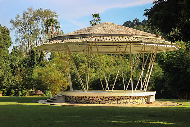 istock white pavilion on lawn around by green trees 525692789