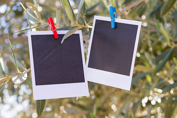 istock Two real blank instant photo hanging on clothesline. 525693125