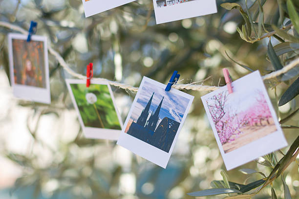 istock Set of photos hanging on clothesline. 525695831