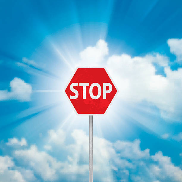 stop-schild und blauer himmel mit wolken - heaven hell road sign sign stock-grafiken, -clipart, -cartoons und -symbole