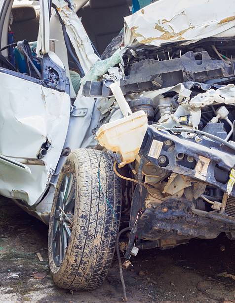 istock Crashed car close up. The front part is severely damaged. 525714769