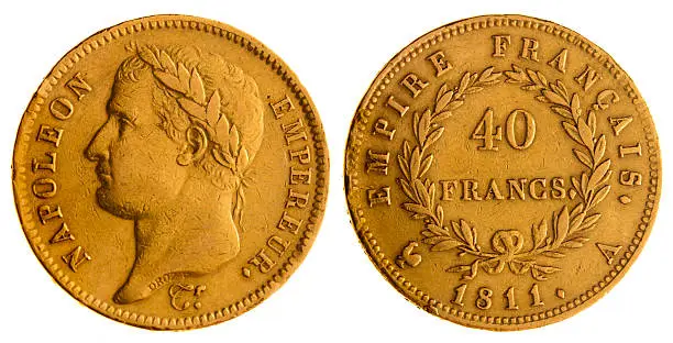 Antique 40 Francs. French Gold Coins of Napoleon Bonaparte, 1811. The coin was issued during the reign of Napoleon I. The coin continued in use through the 19th century and later French gold coins in the same denomination were generally referred to as "Napoleons".