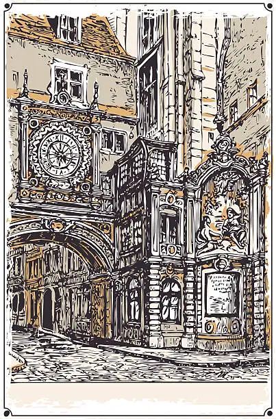 Vector illustration of Vintage View of Gros Horloge street, Rouen