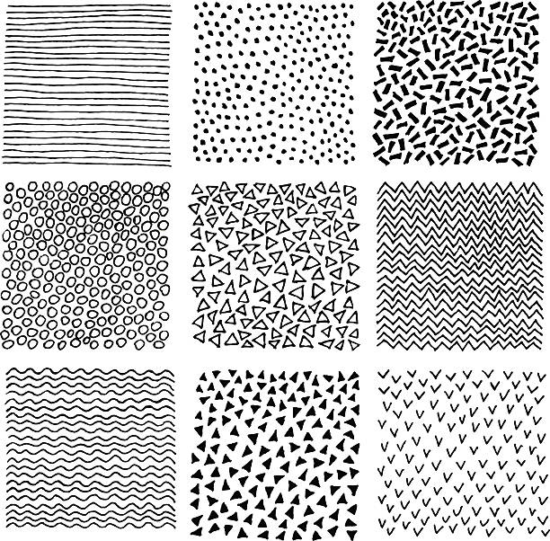Hand Drawn Patterns Set Hand Drawn Patterns Set. Textured patterns for your design. Hand drawn lines, polka dot, shevron, birds, waves patterns. Black and white vector backgrounds for cards, flyers, banners animal markings stock illustrations