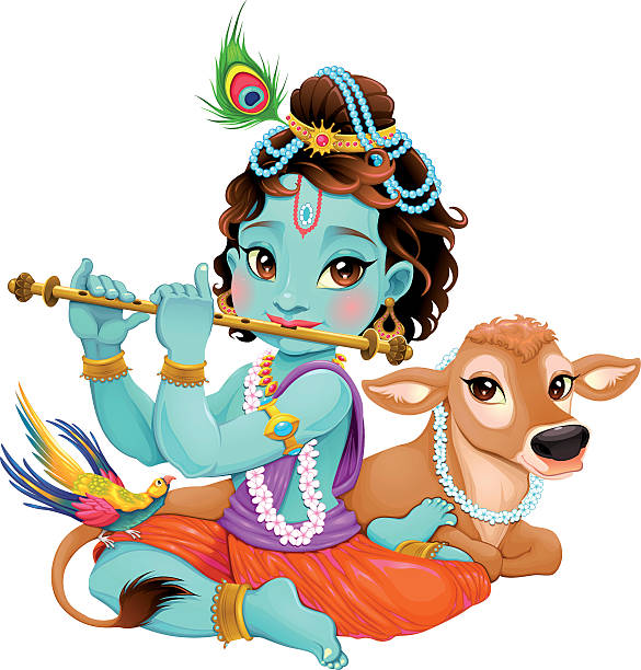 ilustraciones, imágenes clip art, dibujos animados e iconos de stock de bebé krishna con vaca sagrada - indian god