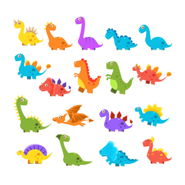 ilustraciones, imágenes clip art, dibujos animados e iconos de stock de conjunto de dibujos animados lindo dinosaurios - tyrannosaur