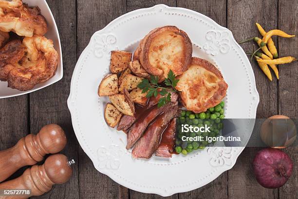 Sunday Roast With Yorkshire Pudding Stock Photo - Download Image Now - Roast Dinner, Plate, British Culture