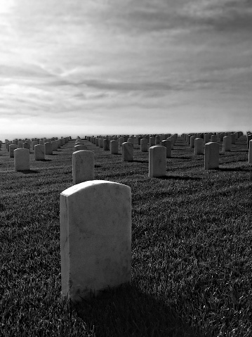This is a black and white photo of a United States National Cemetery in San Diego California