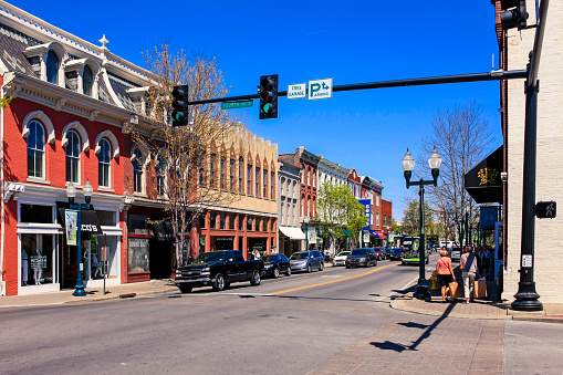 Franklin, TN, USA - April 4, 2016: Stores on main street in downtown Franklin, Tennessee.