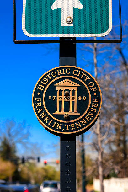 Historic City of Franklin Tennessee round plaque Franklin, TN, USA - April 4, 2016: Historic City of Franklin Tennessee round plaque tennessee road sign stock pictures, royalty-free photos & images