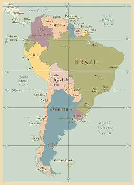 Vector illustration of Vintage Map of South America