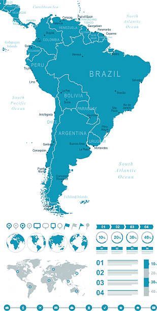 ilustraciones, imágenes clip art, dibujos animados e iconos de stock de américa del sur mapa infografía - chile map topography topographic map