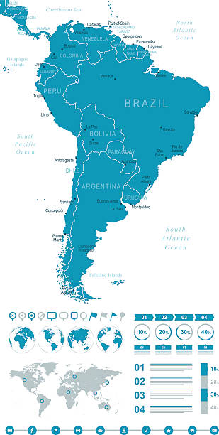 ilustrações, clipart, desenhos animados e ícones de infográfico mapa da américa do sul - chile map topography topographic map