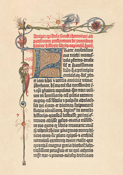 gutenberg bibel, lithographie, die im jahr 1882 vom hauptpostamt eingerichtet wurde veröffentlicht - medieval illuminated letter stock-grafiken, -clipart, -cartoons und -symbole