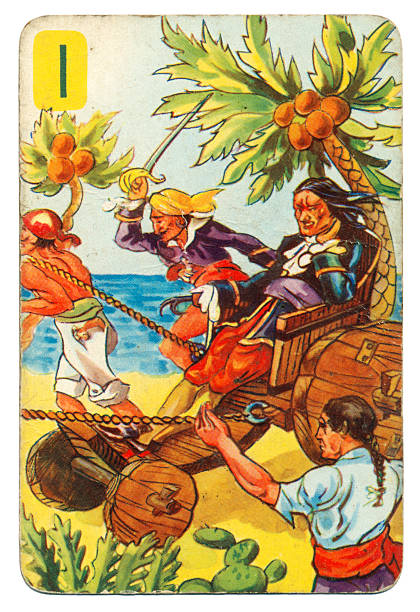 This is a Peter Pan playing card from British manufacturer Pepys with an illustration dating from 1939. Originally issued with green backs, this card is from a 1950s re-issue with red backs. This illustration shows the pirates pulling along Captain Hook in a wooden cart.