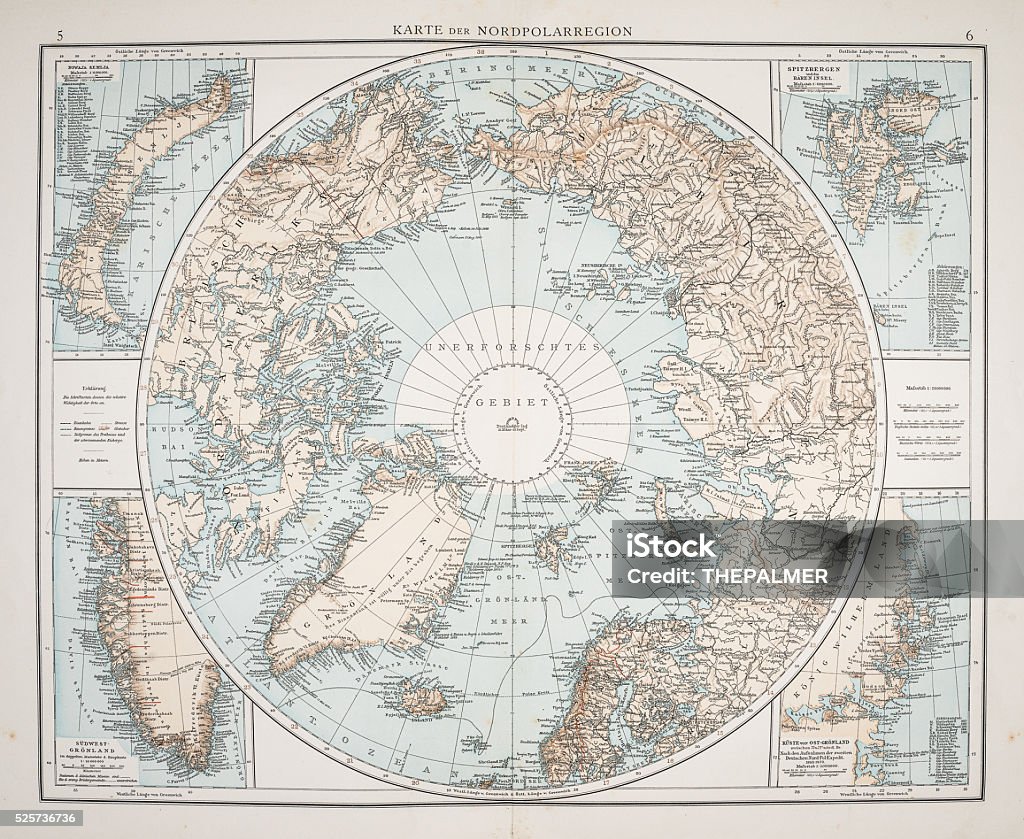 North Polar Chart 1895 Meyers Konversations-Lexikon. Map stock illustration