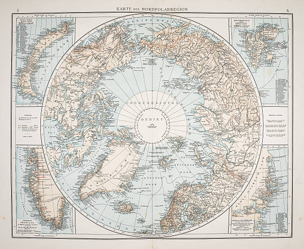 North Polar Chart 1895 Meyers Konversations-Lexikon. north pole map stock illustrations