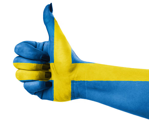 National flag of Sweden over hand .