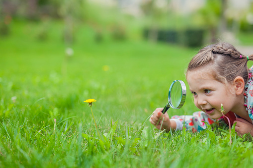 Little cute girl with magnifying glass looking at flower. There is a shallow depth of field.