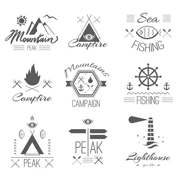 Vector illustration of Set of icons on a hike in the mystical style