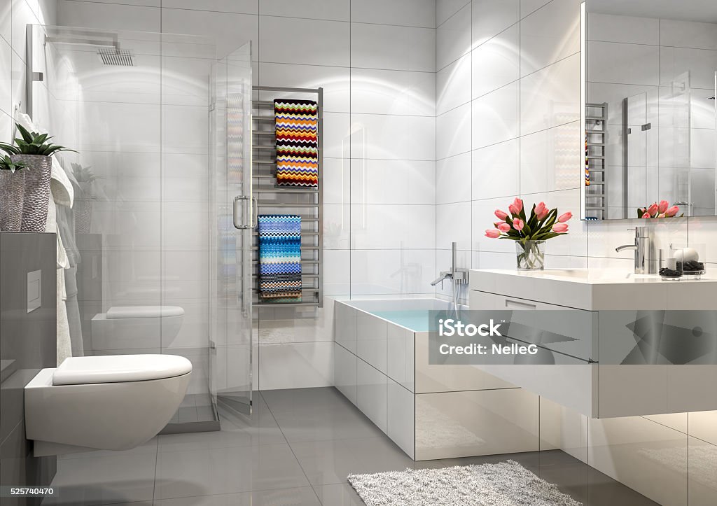 Modern bathroom Modern bathroom. Render image. Domestic Bathroom Stock Photo