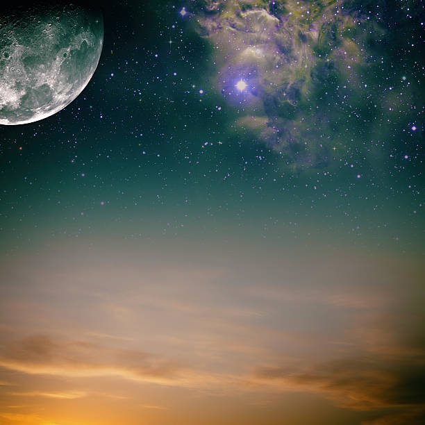 istock Night skies with moon, stars and nebula 525740527