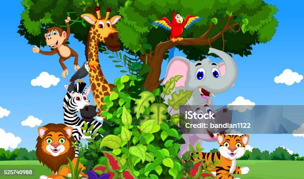 Funny Animal Cartoon With Forest Background Stock Illustration - Download Image Now - Ape, Cartoon, Monkey