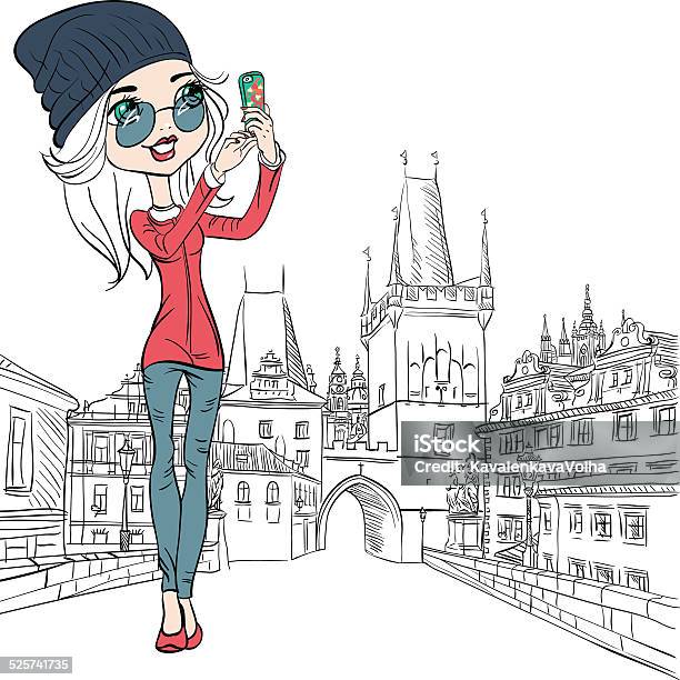 Vector Cute Girl Makes Selfie In Prague Stock Illustration - Download Image Now - Adult, Anthropomorphic Smiley Face, Arts Culture and Entertainment