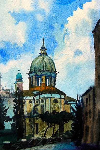 Watercolor painted picture Rome, Italy. Watercolor painted picture of the Chiesa San Rocco, Rome, Italy. romano cheese stock illustrations