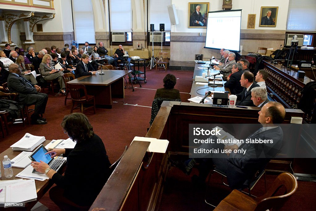 State Education Funding Commission hearing at Philadelphia Philadelphia, PA, USA - November 18, 2014: View on one of the court rooms of Philadelphia City Hall during the PA State Basic Education Funding Commission 'fair funding formula' hearing in November 2014. Court Hearing Stock Photo