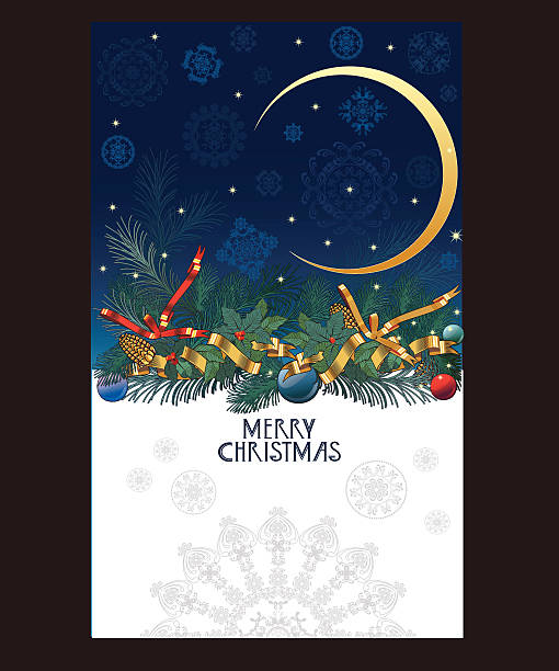 istock Christmas card with snowflakes in the night sky, pine branches 525754201