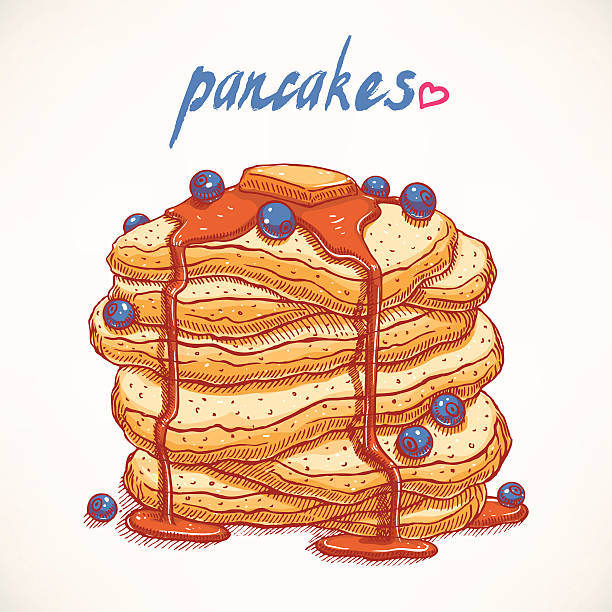 ilustrações, clipart, desenhos animados e ícones de panquecas de mirtilo - pancake illustration and painting food vector