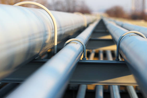 detail of steel light pipeline in oil refinery stock photo